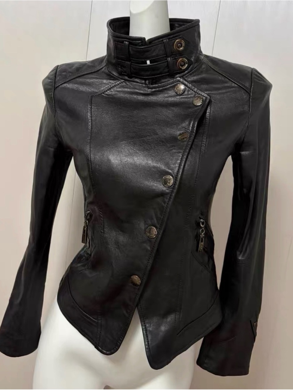 Vintage VERO MODA sheepskin High Collar Asymmetric Moto Jacket XS